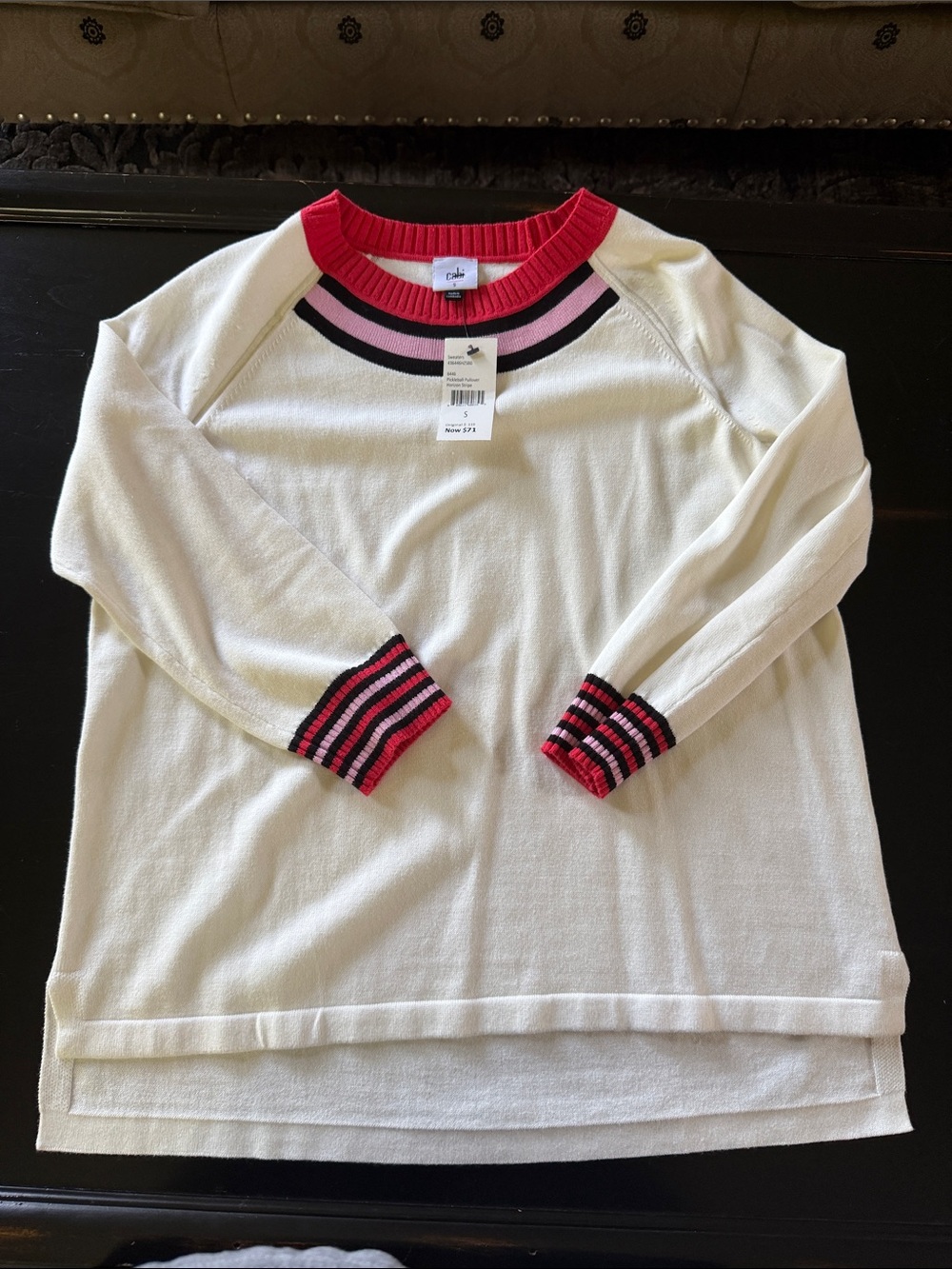 CAbi Cream Sweater with Pink, red and navy  Horizon Stripes